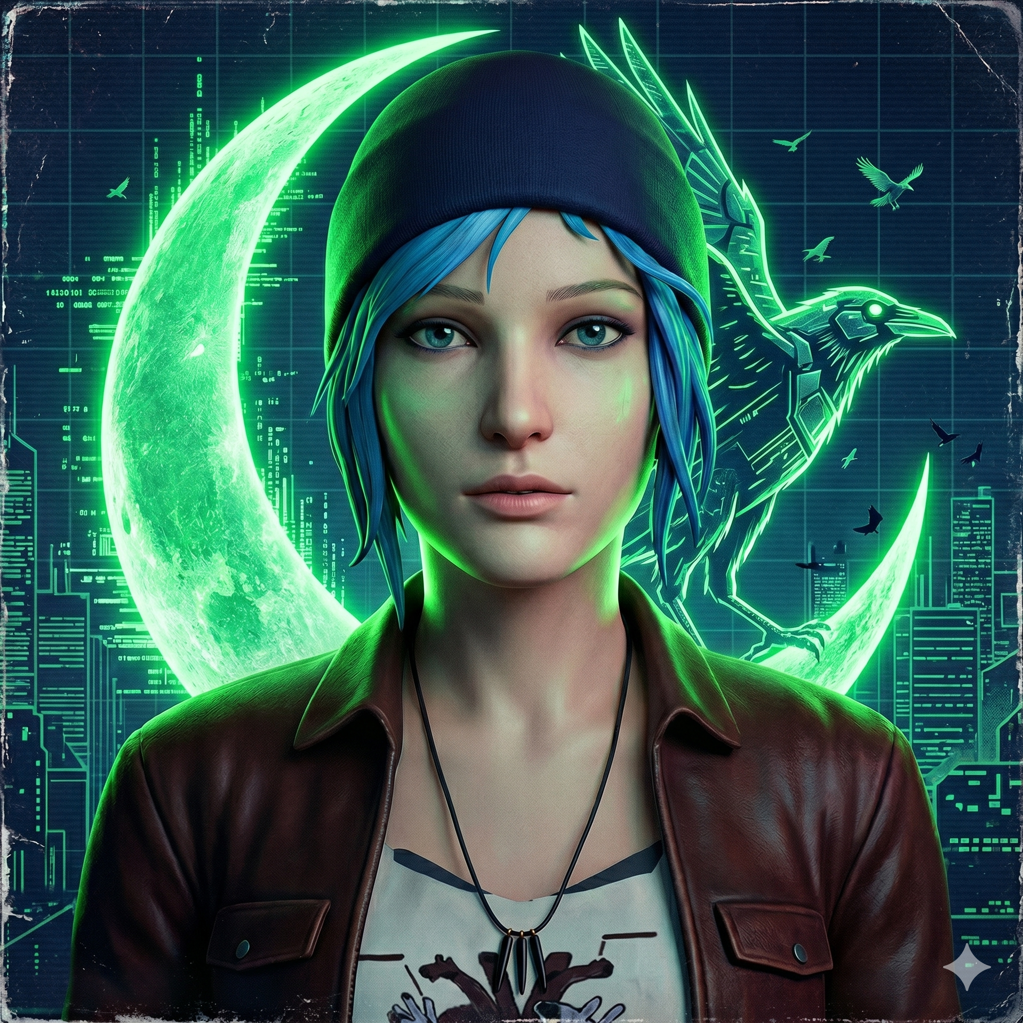 Save Jeanie — Jeanie under a green crescent moon, cyberpunk city and raven